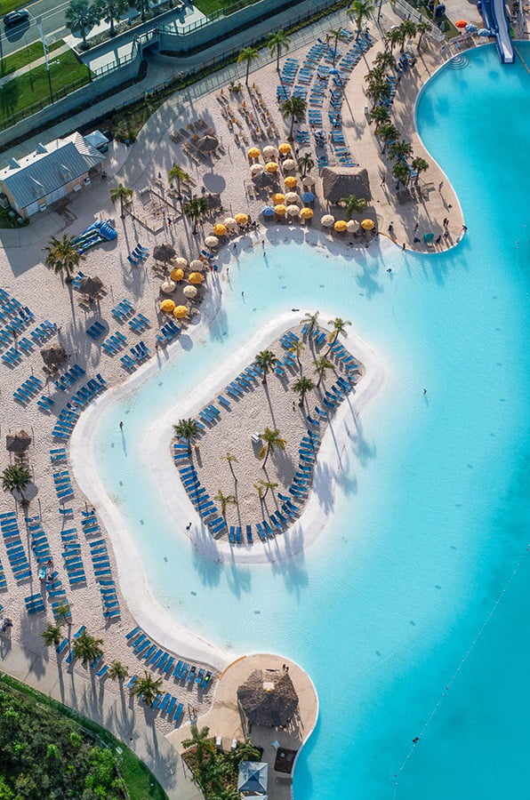 drone shot of a pool resort